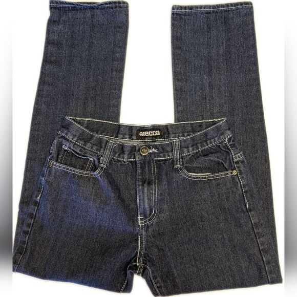 Mecca denim straight leg dark blue wash jeans, back pocket flaps, no size tag - Picture 2 of 7